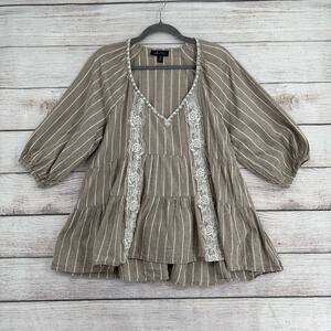 Melissa Paige Linen Scoop Neck Embroidered Babydoll Blouse Womens S Beige White